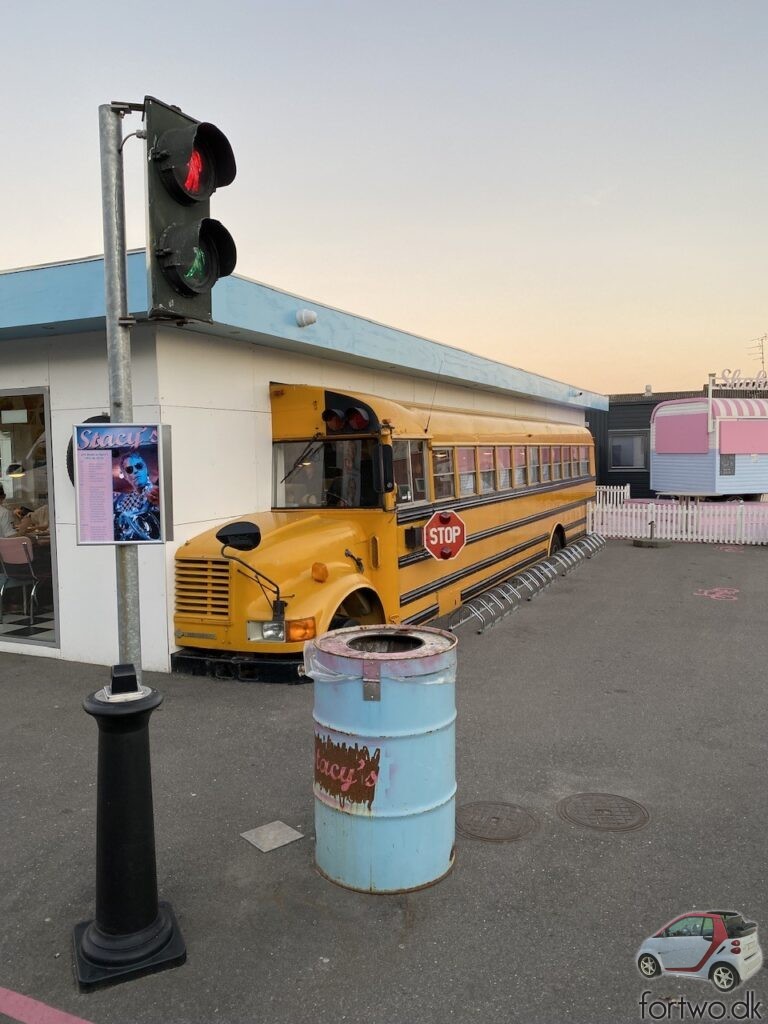 Stacy’s Diner has cut a bus in two halves, to create a cool seating area and a US diner vibe