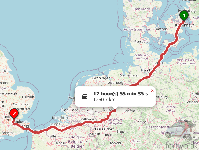 The route by car, from Copenhagen to outer London Smart Fortwo